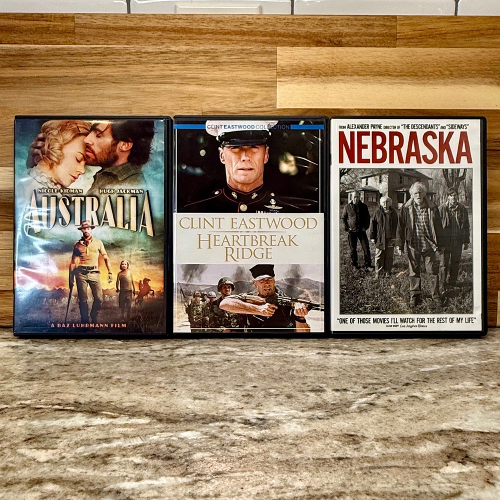 📀 Mixed Drama & Adventure DVD Bundle – Australia + Heartbreak Ridge + Nebraska